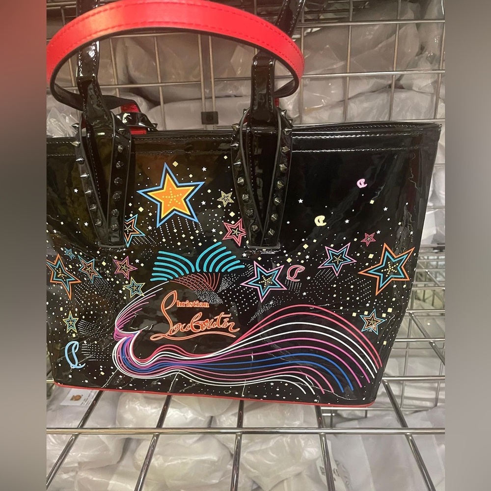 Cute fashion  Black Patent Star-Print Tote with Pink Trim